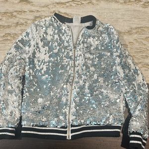 Girls Sequin Bomber jacket silver or white size small 6-6x